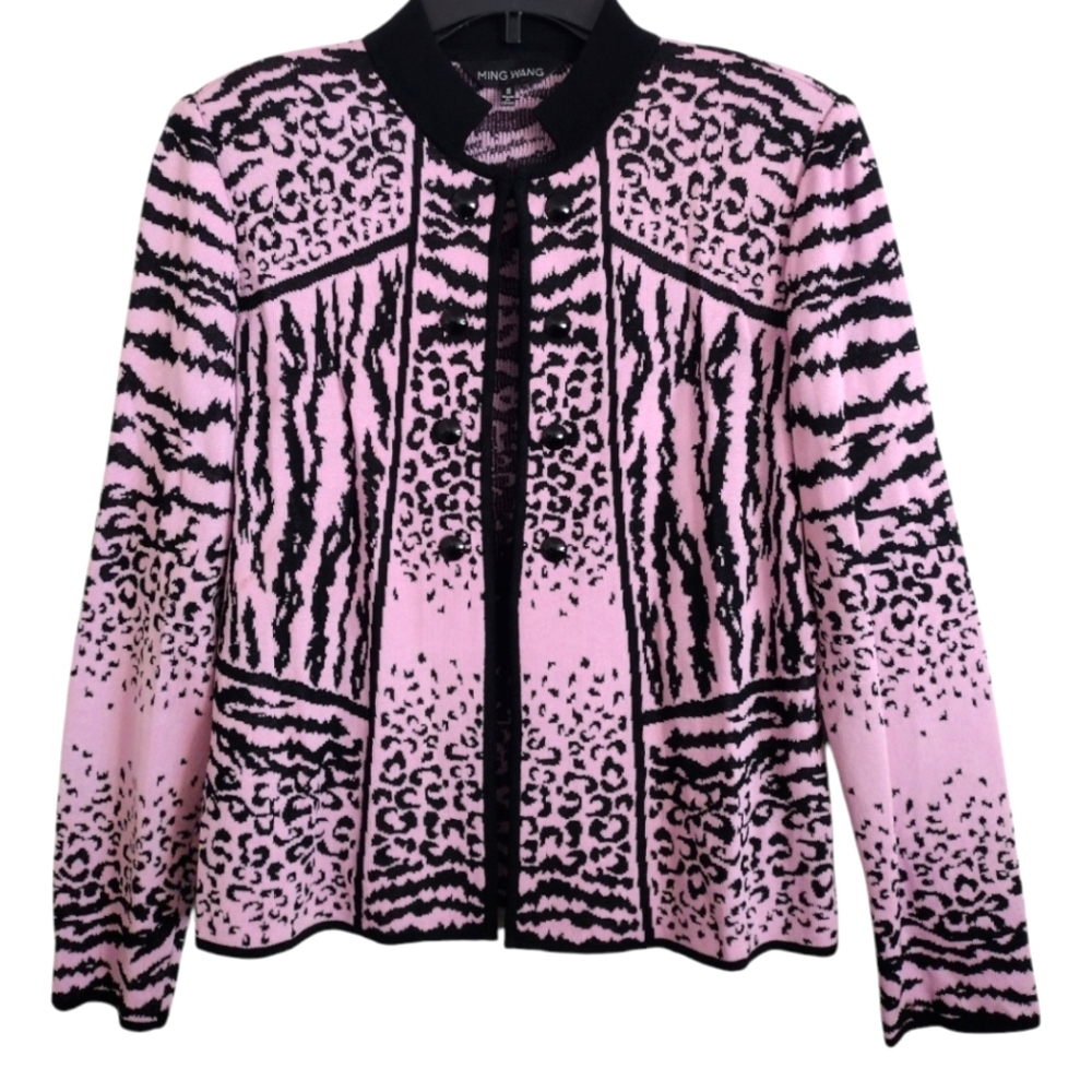 Ming Wang pink black knit animal print 80's Inspired Jacket buttons size small